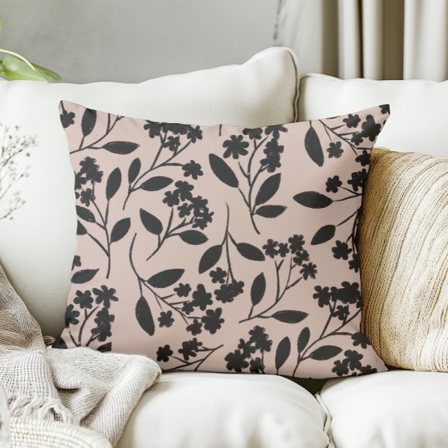 Elegant Floral Black Flowers on Dusty Pink Cushion (hand drawn black flowers on a dusty pink pillow)