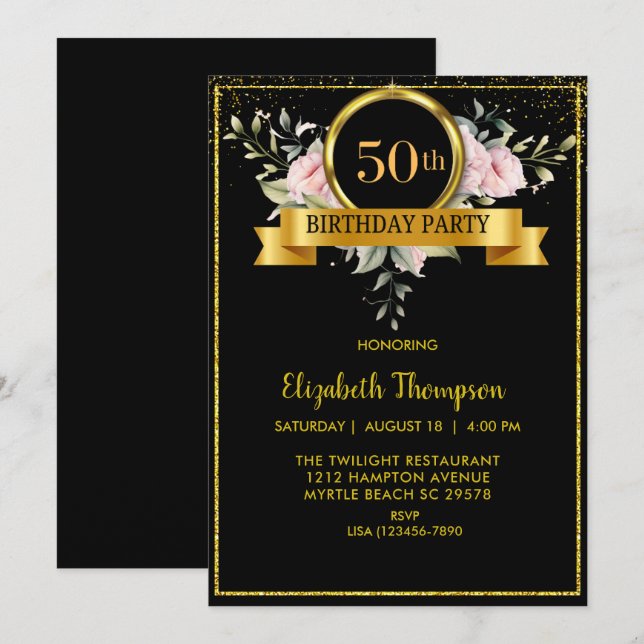 Elegant Floral Black Gold 50th Birthday   Invitation (Front/Back)