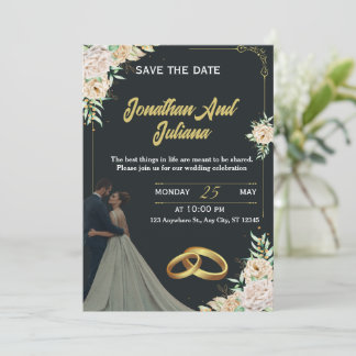 Elegant Floral Black Gold Custom Wedding Invite 