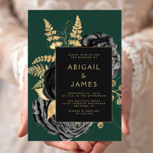Elegant Floral Black Gold Emerald Green Wedding Invitation