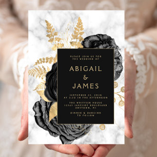 Elegant Floral Black Gold Gray Marble Wedding Invitation