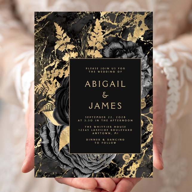 Elegant Floral Black Gold Marble Wedding Invitation (Creator Uploaded)