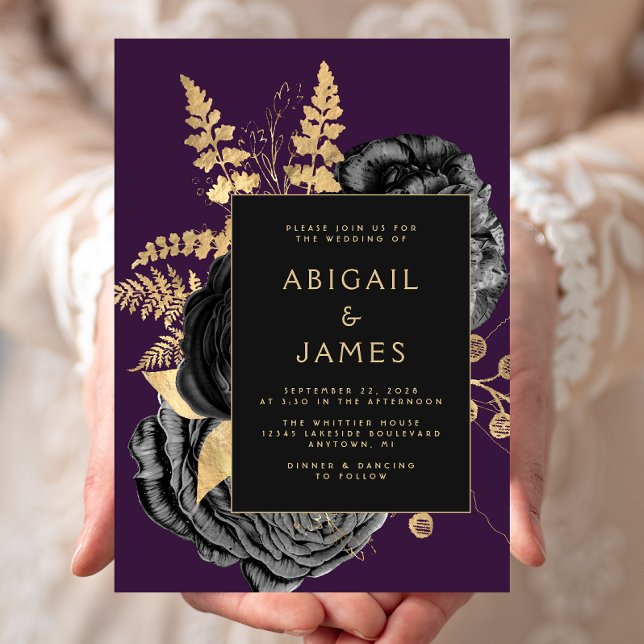 Elegant Floral Black Gold Purple Wedding Invitation (Creator Uploaded)