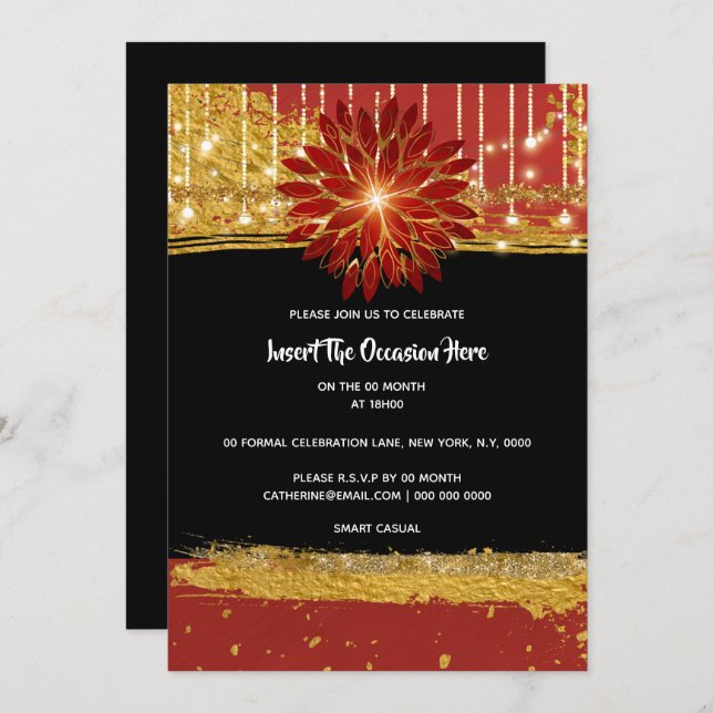 Elegant Floral black gold red birthday party Invitation (Front/Back)