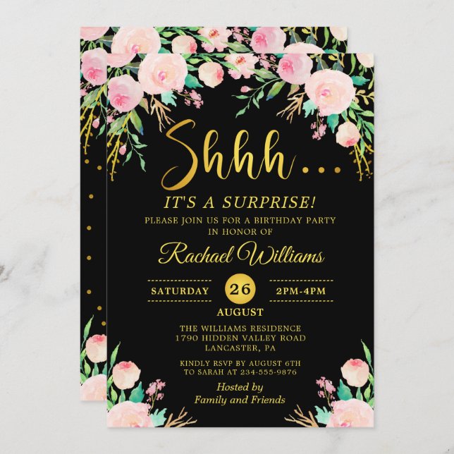 Elegant Floral Black Gold Surprise Birthday Party Invitation (Front/Back)