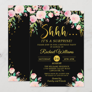 Elegant Floral Black Gold Surprise Birthday Party Invitation