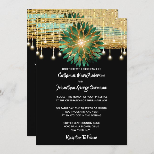 Elegant Floral black gold teal blue wedding party Invitation (Front/Back)