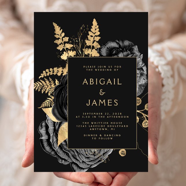 Elegant Floral Black Gold Wedding Invitation (Creator Uploaded)