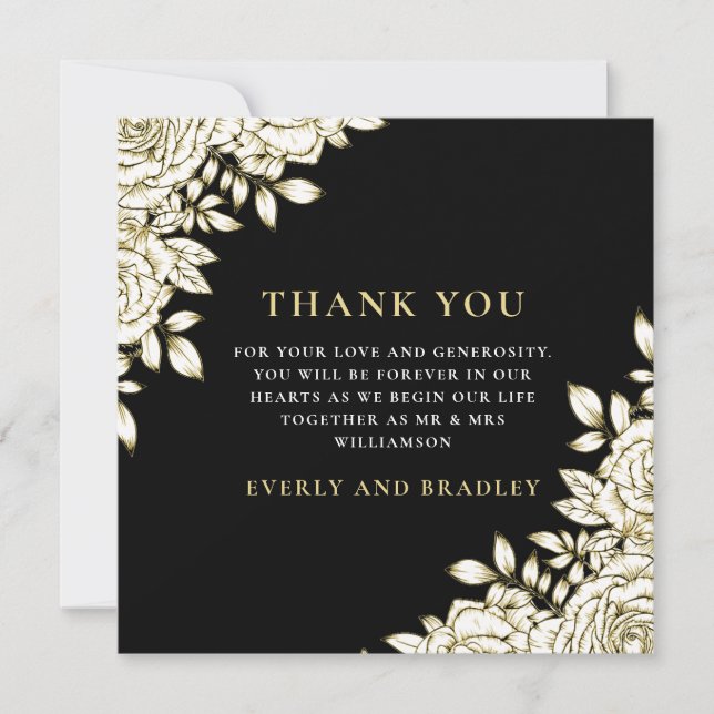 Elegant Floral Black Gold White Thank You Card  (Front)