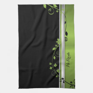 Elegant Floral Black & Green Kitchen Towel
