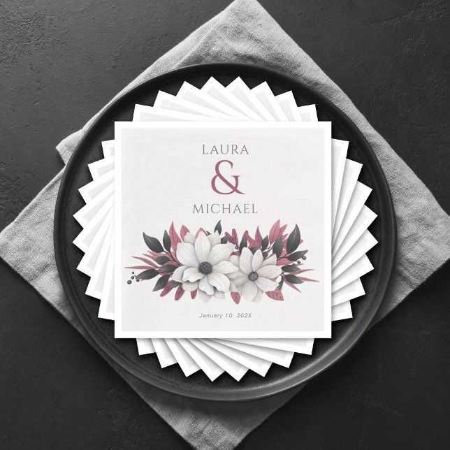 Elegant Floral Black Magenta Wedding Paper Napkin (Creator Uploaded)