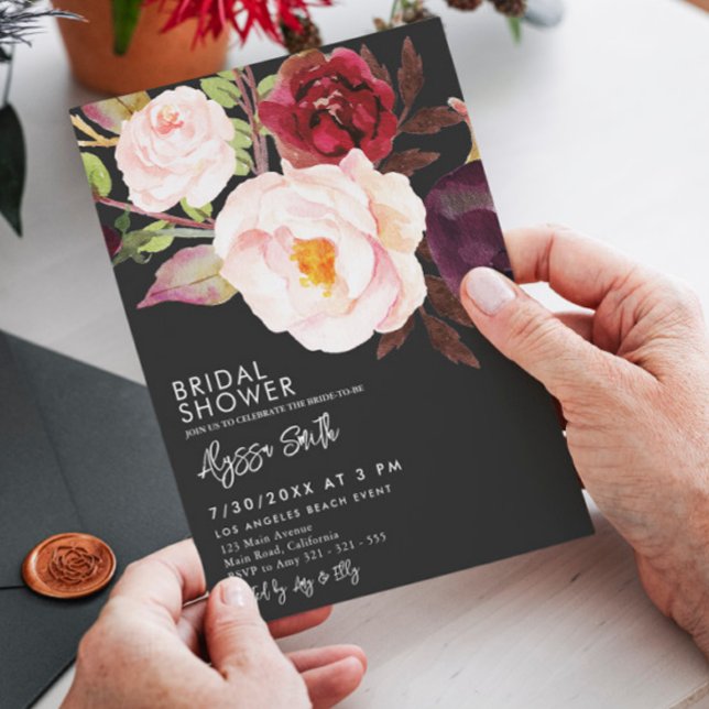 Elegant Floral Black Modern Bridal Shower Invitation (Creator Uploaded)