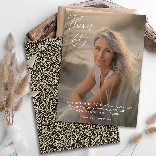 Elegant Floral Black Off White Photo 60 Birthday Invitation (Creator Uploaded)