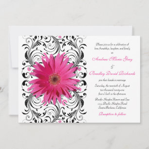 Elegant Floral Black Pink Daisy Wedding Invitation
