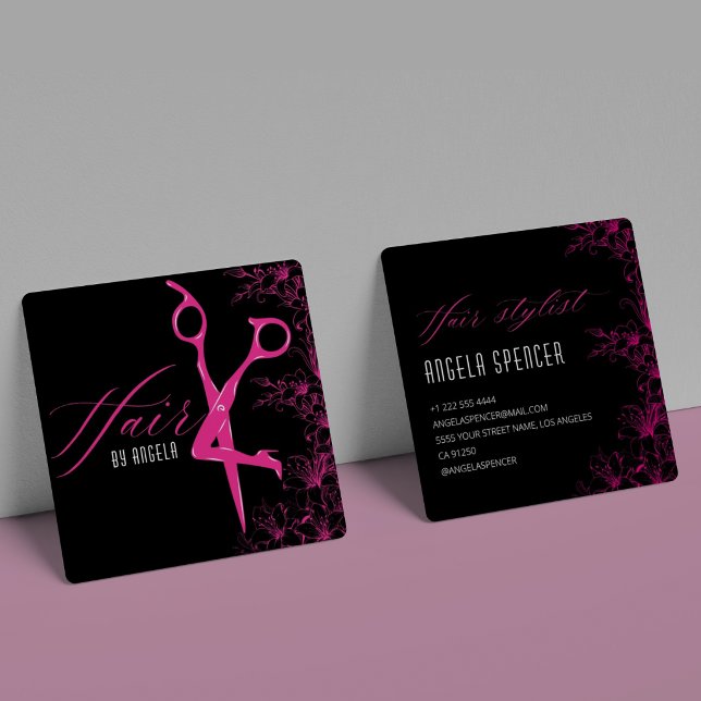 Elegant Floral Black & Pink Hair Salon Beauty Square Business Card (Creator Uploaded)