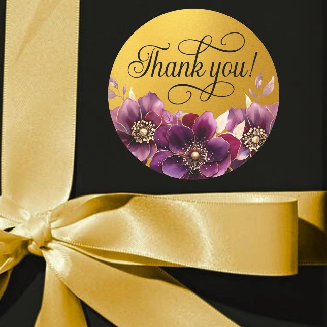 Elegant Floral Black Script Thank you Gold Sticker (Creator Uploaded)