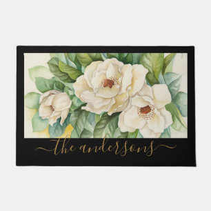 Elegant Floral Black Tan Magnolia Flowers Name Doormat