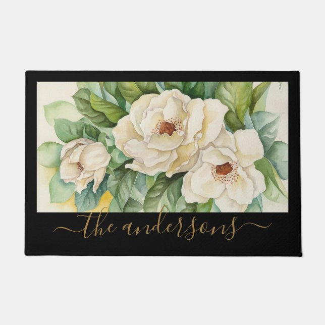 Elegant Floral Black Tan Magnolia Flowers Name Doormat (Front)