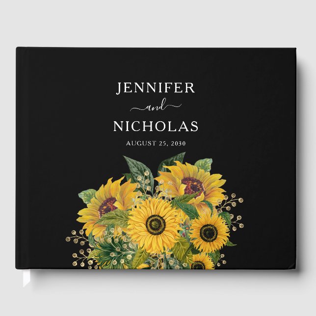 Elegant Floral Black Wedding  Guest Book (Front)