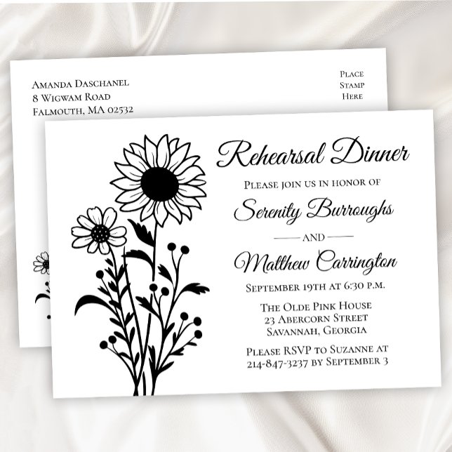 Elegant Floral Black White Rehearsal Dinner Invitation Postcard (Creator Uploaded)