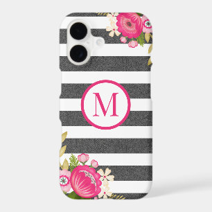 Elegant Floral Black White Stripe Monogram