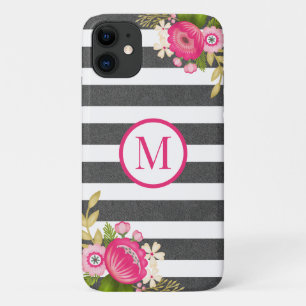 Elegant Floral Black White Stripe Monogram  iPhone 11 Case