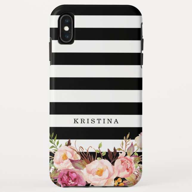 Elegant Floral Black White Striped Monogram Name Case-Mate iPhone Case (Back)