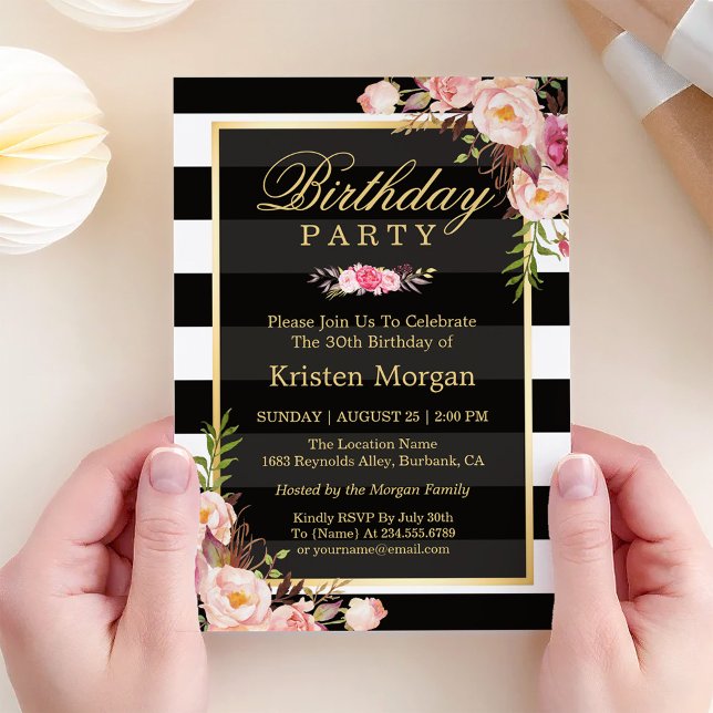 Elegant Floral Black White Stripes Birthday Party Invitation (Creator Uploaded)