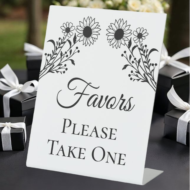 Elegant Floral Black White Sunflower Wedding Favou Pedestal Sign (Creator Uploaded)