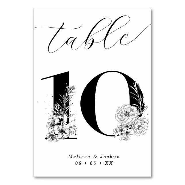 Elegant Floral Black & White Table 10 Table Number (Front)