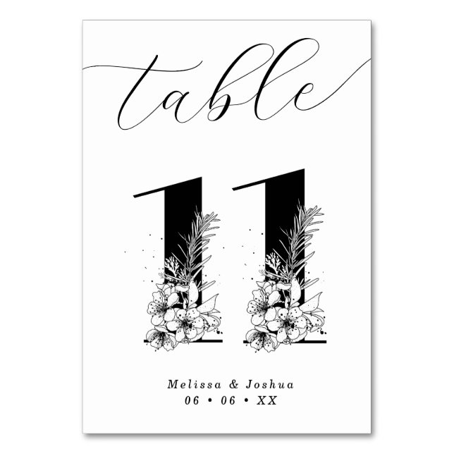 Elegant Floral Black & White Table 11 Table Number (Front)
