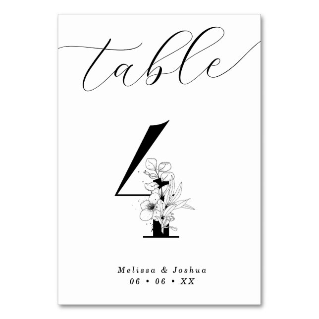 Elegant Floral Black & White Table 4 Table Number (Front)