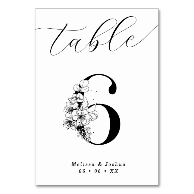 Elegant Floral Black & White Table 6 Table Number (Front)