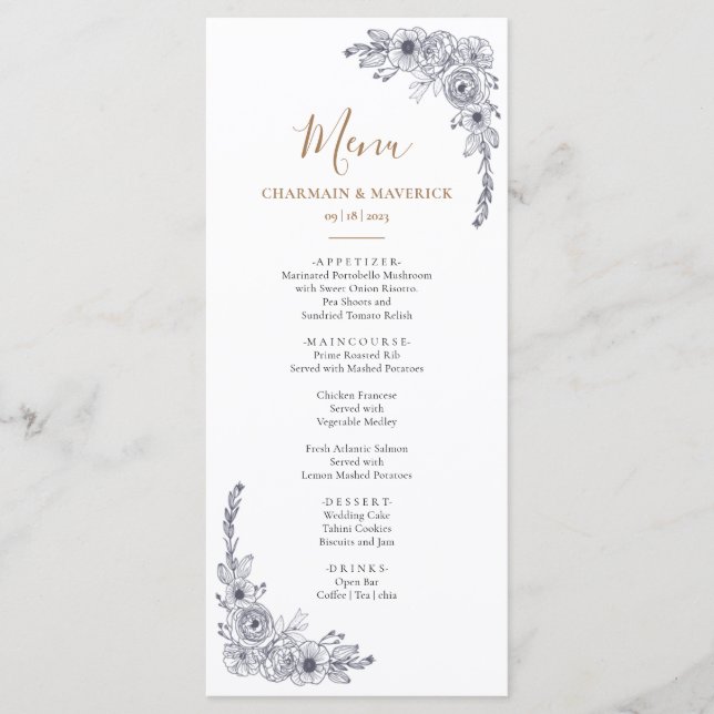 Elegant Floral Black & White Wedding Menu (Front)