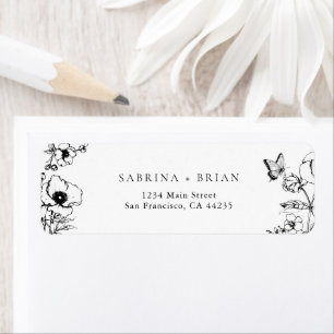 Elegant Floral Black White Wedding Return Address Label