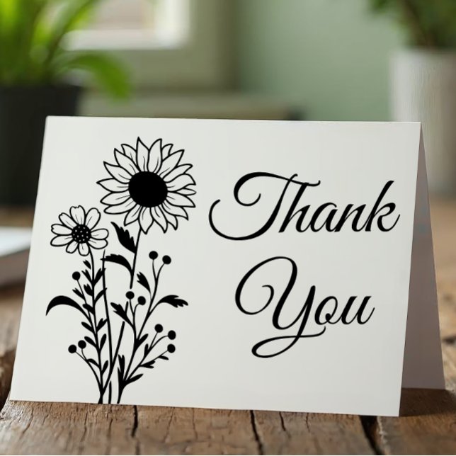 Elegant Floral Black White Wildflowers Wedding  Thank You Card (Creator Uploaded)