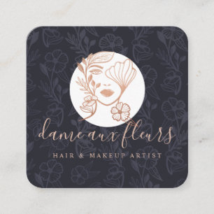 Elegant Floral Blooming Beauty Woman Logo Black Square Business Card