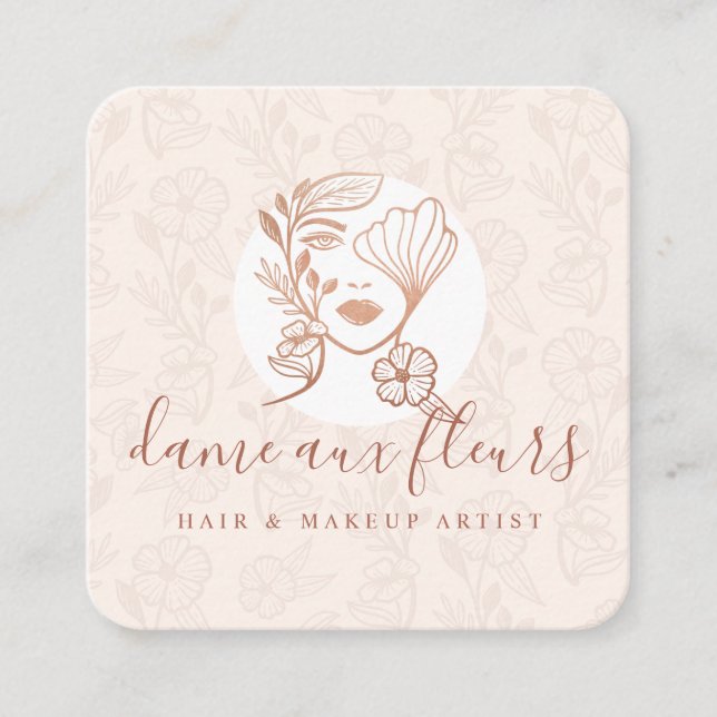 Elegant Floral Blooming Beauty Woman Logo Pink Square Business Card (Front)
