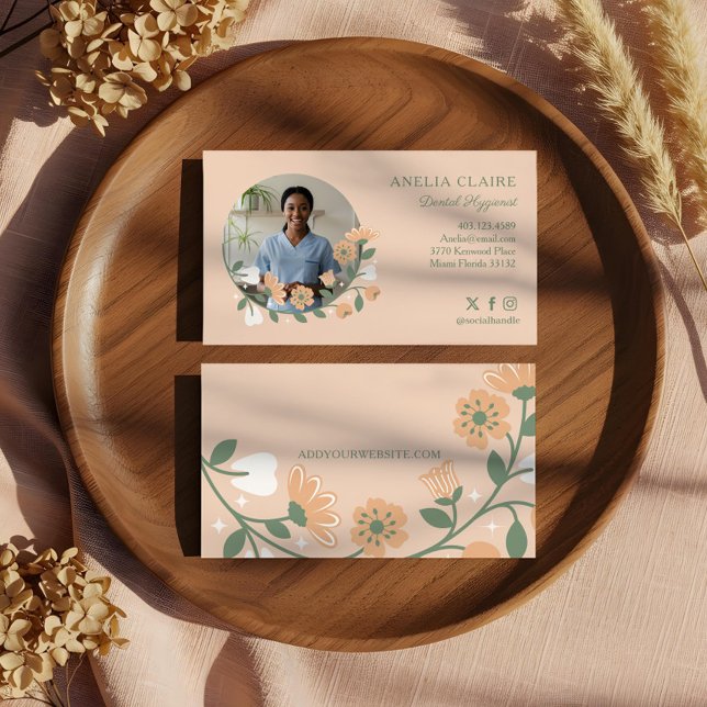Elegant Floral Blooming Dental Hygienist Photo Business Card (Elegant Floral Blooming Dental Hygienist Photo Business Card)