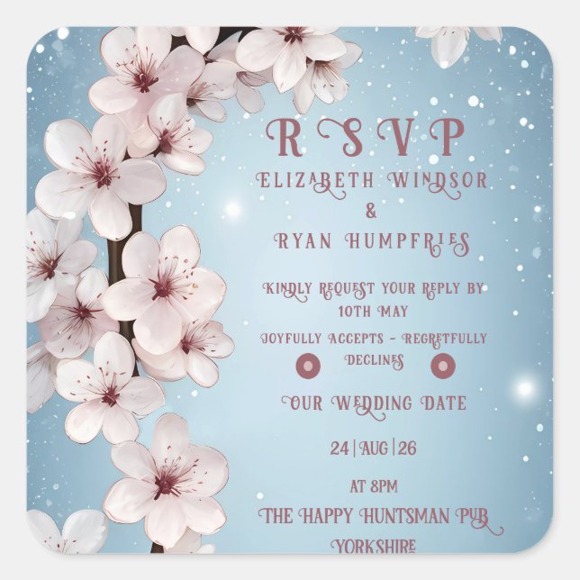 Elegant Floral Blossom Wedding Invitation Design Square Sticker (Front)