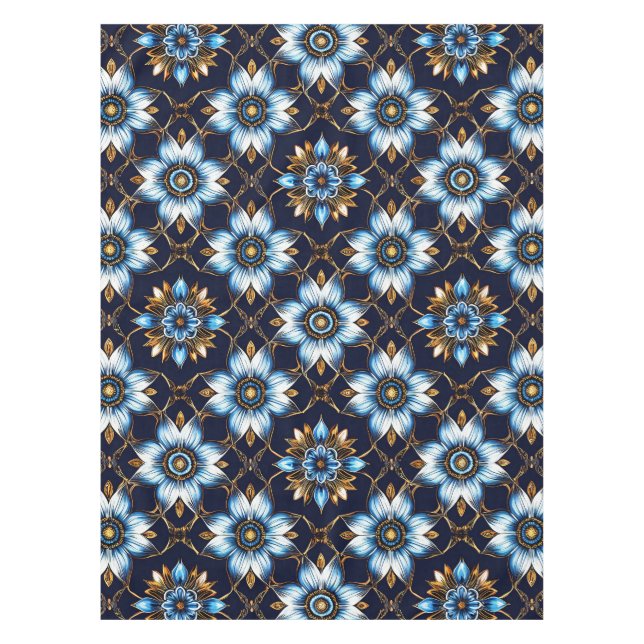Elegant Floral Blue and Gold Pattern Tablecloth (Front)