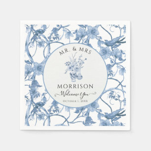 Elegant Floral Blue and White Wedding Reception Napkin