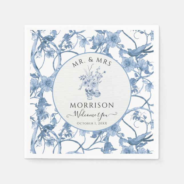 Elegant Floral Blue and White Wedding Reception Napkin (Front)