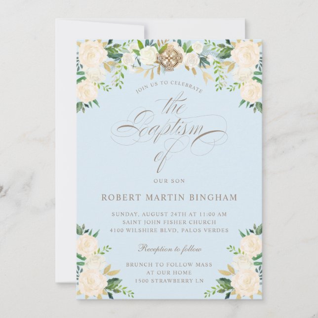 Elegant Floral Blue Beige Calligraphy Baptism Invitation (Front)