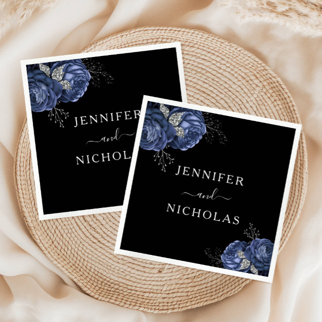 Elegant Floral Blue Black Wedding Napkin (Elegant Floral Blue Black Wedding Napkins)