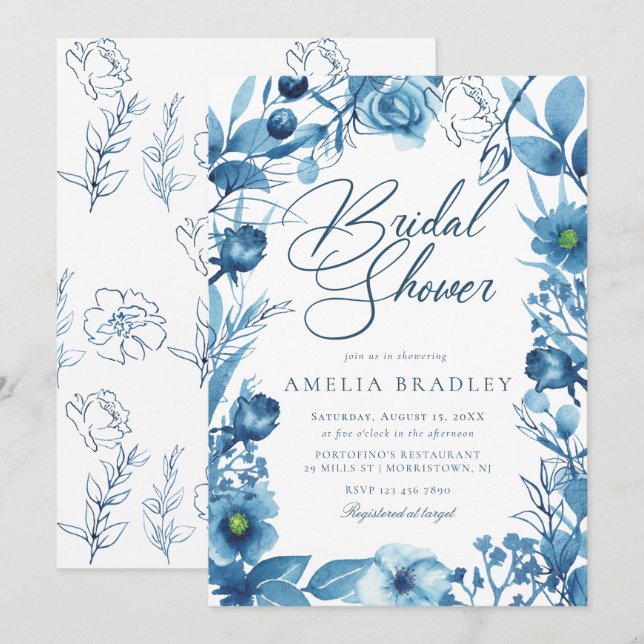Elegant Floral Blue Bridal Shower Invitation (Front/Back)