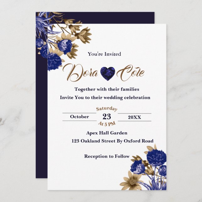 Elegant Floral Blue & Brown Watercolor Wedding Invitation (Front/Back)