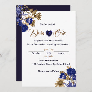 Elegant Floral Blue & Brown Watercolor Wedding Invitation