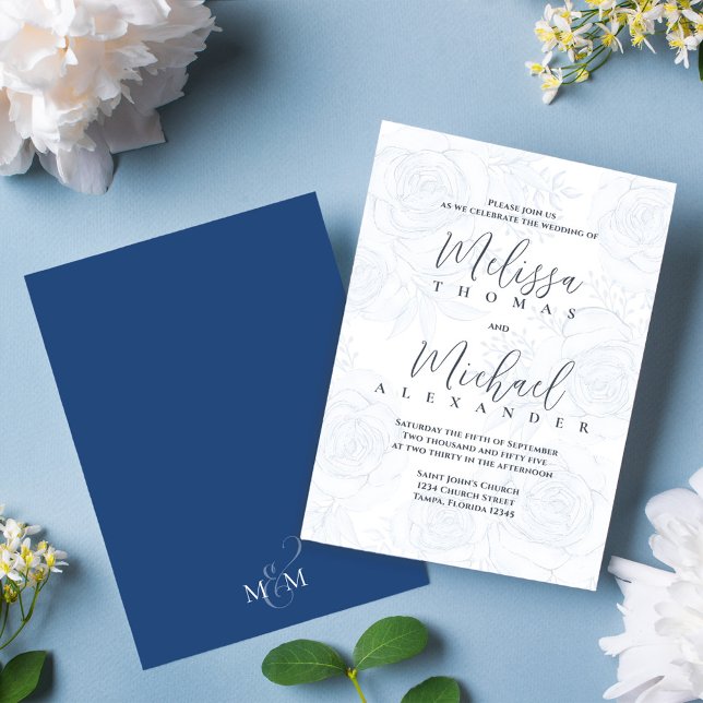 Elegant Floral Blue Calligraphy Script Rose  Invitation (Elegant wedding invitation with blue calligraphy script and block lettering. )