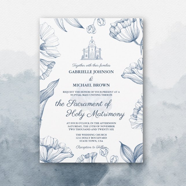 Elegant Floral Blue Church Nuptial Mass Wedding Invitation (Creator Uploaded)